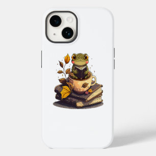 Koffielievende kikker die boeken leest iPhone 14 hoesje