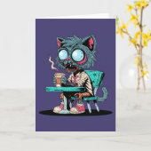 Koffielievende zombiekat kaart (Gele Bloem)