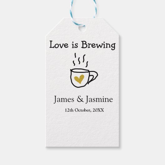 Koffiemok met gouden hart en naam voor koppels  cadeaulabel (Voorkant)