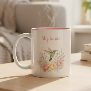 Koffiemok met kolibris en bloemen – Pastelroze Cad Tweekleurige Koffiemok
