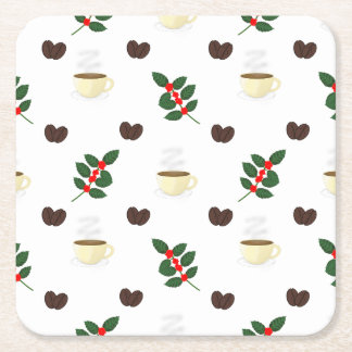 Koffiepatroon met bonen, kopjes en koffiebomen kartonnen onderzetters