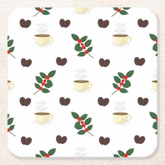 Koffiepatroon met bonen, kopjes en koffiebomen kartonnen onderzetters (Voorkant)