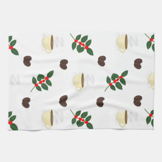 Koffiepatroon met bonen, kopjes en koffiebomen theedoek