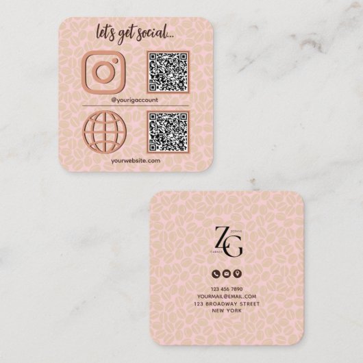 Koffiepatroon Social Media teken met QR code schat Vierkante Visitekaartje (Voorkant / Achterkant)