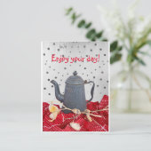 Koffiepot herinneringen & rood tafelkleed wenskaar briefkaart (Staand voorkant)