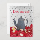 Koffiepot herinneringen & rood tafelkleed wenskaar briefkaart (Voorkant / Achterkant)