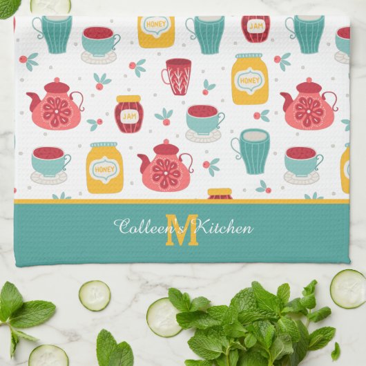 Koffiepot, jam, honingpatroonmonogram theedoek (Gevouwen)