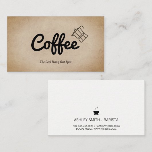 Koffiepot met koffiescript visitekaartje (Voorkant / Achterkant)