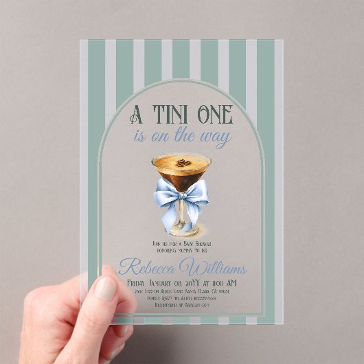 Koffiethema Espresso Martini Blue Bow Baby shower Acryl Uitnodigingen (Insitu (Draagbaar))