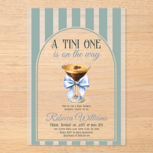 Koffiethema Espresso Martini Blue Bow Baby shower Acryl Uitnodigingen (Voorkant)