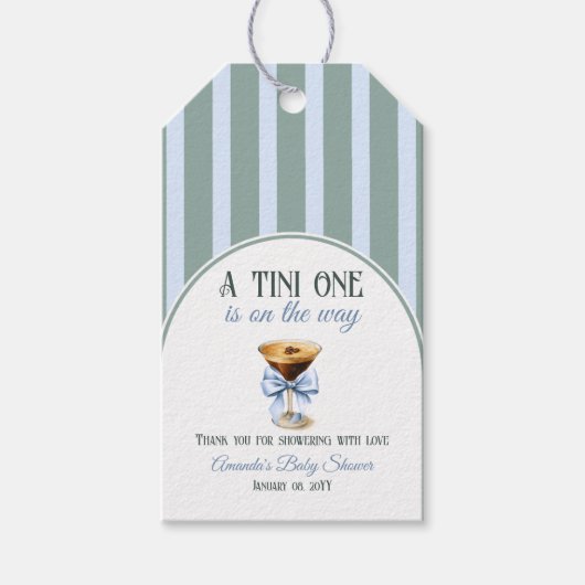 Koffiethema Espresso Martini Blue Bow Baby shower Cadeaulabel (Voorkant)