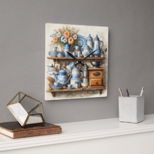 Koffietijd koffieset Blauw Wit Vierkante Klok