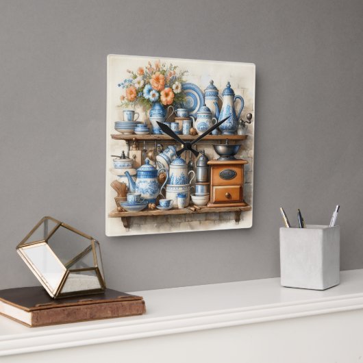 Koffietijd  koffieset Blauw Wit Vierkante Klok (Kantoor)