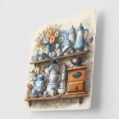 Koffietijd  koffieset Blauw Wit Vierkante Klok (Hoek)