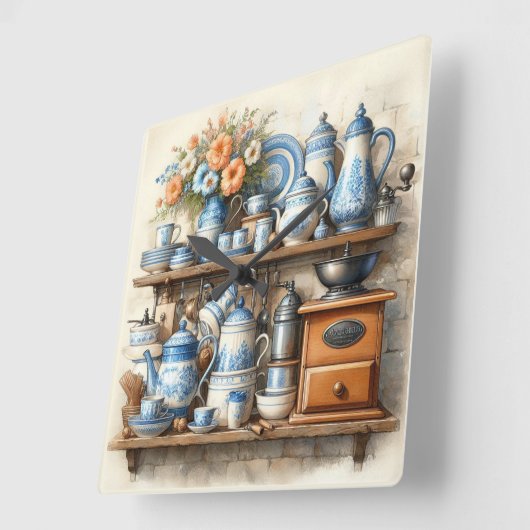 Koffietijd  koffieset Blauw Wit Vierkante Klok (Hoek)