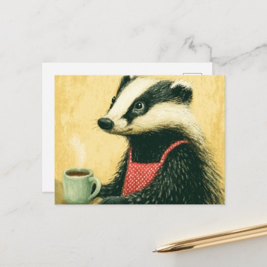 Koffietijd met Schattige Miss Badger Briefkaart (Voorkant / Achterkant in situ)