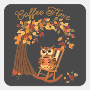 Koffietijd uil Herfst thema grillig ontwerp Vierkante Sticker