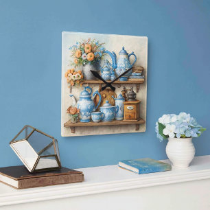 Koffietijd Vintage Koffieset Blauw Wit  Vierkante Klok