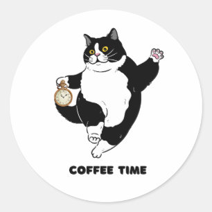 Koffietijd zwarte kat voor introverte mensen Sti Ronde Sticker