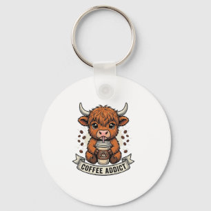 Koffieverslaafde Schattige Hoogland Koe Oude Gravu Sleutelhanger