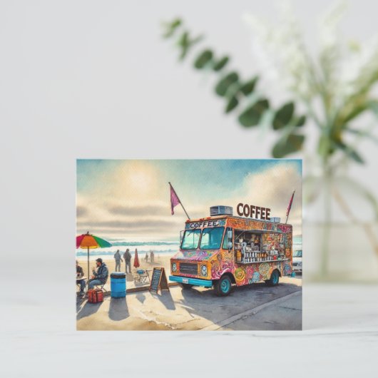 Koffiewagen aan het strand briefkaart (Staand voorkant)