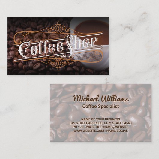 Koffiewinkel -  briefing | Beker en bonen Visitekaartje (Voorkant / Achterkant)