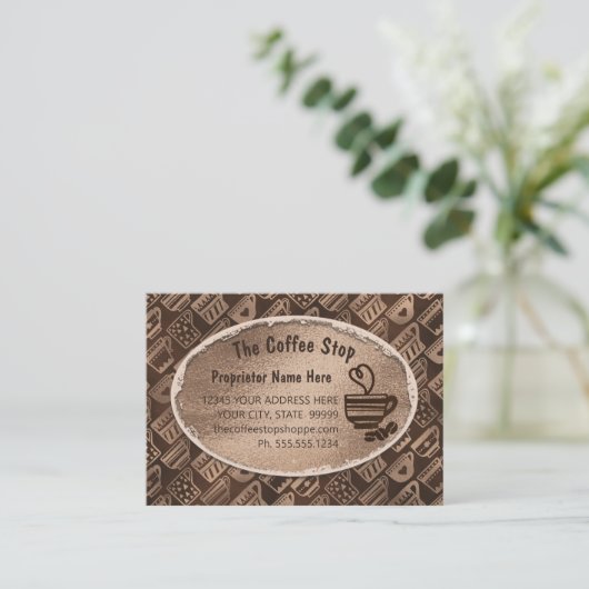 Koffiewinkel Latte Mok Kunstbonen chocolade bruin  Visitekaartje (Staand voorkant)