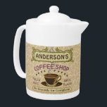 Koffiewinkel met bekertje Creëer Je eigen persoonl Theepot<br><div class="desc">Deze theepot is perfect voor iedereen die zijn eigen koffiewinkel runt of een koffiethema heeft in zijn thuiskeukendecor. Dit ontwerp is retro-bruin, groen, paars en hints van sinaasappel en het is geïnspireerd op het espresso/cappuccino en heeft een bekertje op een sauer, twee gepersonaliseerde tekstbanners en de woorden "Koffiewinkel / Verse...</div>