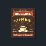 Koffiewinkel met Mok Creëer Je eigen persoonlijke  Canvas Afdruk<br><div class="desc">Deze rechthoekige gewikkelde canvas wanddecoratie met een koffiethema is voor iedereen die zijn eigen coffeeshop runt of een koffiethema heeft in zijn interieur. Dit op espresso/cappuccino geïnspireerde ontwerp is uitgevoerd in retro bruin, sinaasappel, beige en geel en heeft een kopje op een schotel, twee gepersonaliseerde tekstbanners en de woorden "Coffee...</div>