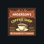 Koffiewinkel met Mok Creëer Je eigen persoonlijke  Canvas Afdruk<br><div class="desc">Deze met koffie gewikkelde canvas wanddecoratie is perfect voor iedereen die zijn eigen coffeeshop runt of een koffiethema heeft in zijn huiskeukeninrichting. Dit op espresso/cappuccino geïnspireerde ontwerp is uitgevoerd in retro bruin, sinaasappel, beige en geel en heeft een kopje op een schotel, twee gepersonaliseerde tekstbanners en de woorden "Coffee Shop...</div>