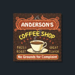 Koffiewinkel met Mok Creëer Je eigen persoonlijke  Canvas Afdruk<br><div class="desc">Deze met koffie gewikkelde canvas wanddecoratie is perfect voor iedereen die zijn eigen coffeeshop runt of een koffiethema heeft in zijn huiskeukeninrichting. Dit op espresso/cappuccino geïnspireerde ontwerp is uitgevoerd in retro bruin, sinaasappel, beige en geel en heeft een kopje op een schotel, twee gepersonaliseerde tekstbanners en de woorden "Coffee Shop...</div>