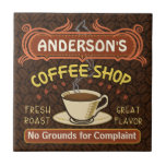 Koffiewinkel met Mok Creëer Je eigen persoonlijke Tegeltje<br><div class="desc">Deze koffievormende tegel is perfect voor iedereen die zijn eigen koffiewinkel runt of een koffiethema heeft in hun keukengerei. Dit ontwerp is retro bruin, oranje, beige en geel en het is voorzien van een op een sauer geïnspireerd kopje, twee gepersonaliseerde tekstbanners en de woorden "Koffiewinkel / Verse roast / Grote...</div>