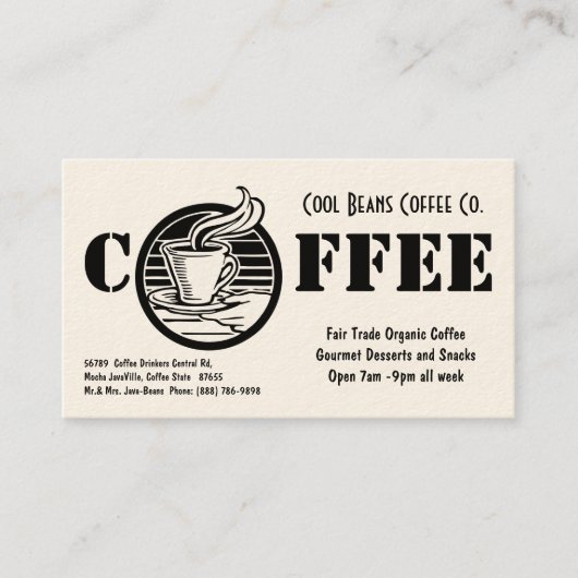 Koffiewinkel, zwart-wit, eenvoudig visitekaartje (Voorkant)