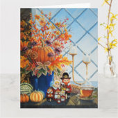 Kogelbladeren, pompoenen, Thanksgiving poppen Kaart (Gele Bloem)