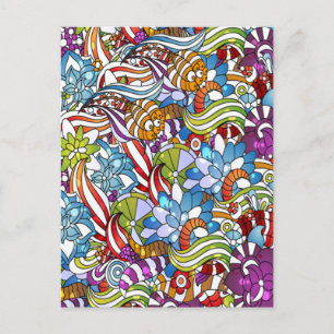 Kogelkleurige bloemen bladeren zwenkwielen stippen briefkaart