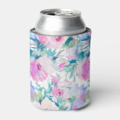 Kogelpatroon roze en blauwe bloemen blikjeskoeler (Blikje Voorkant)