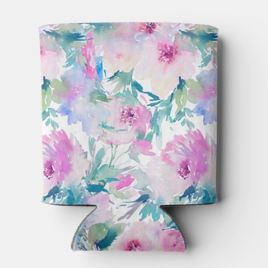 Kogelpatroon roze en blauwe bloemen blikjeskoeler (Achterkant)