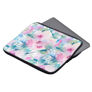 Kogelpatroon roze en blauwe bloemen laptop sleeve
