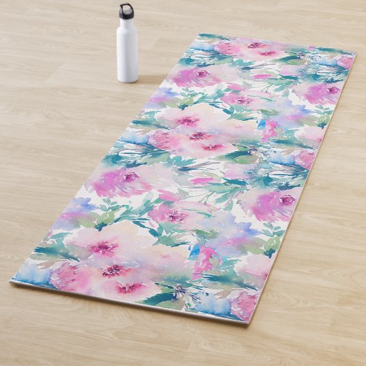 Kogelpatroon roze en blauwe bloemen yogamat (In situ)