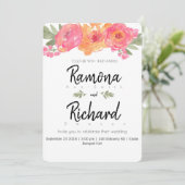 Kogelroze en oranje bloemuitnodigingen kaart (Staand voorkant)