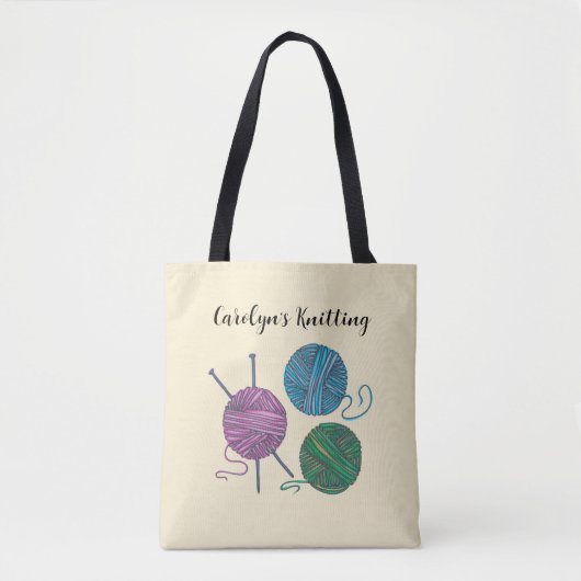 Kogels van garen en breinnaalden, gepersonaliseerd tote bag (Voorkant)