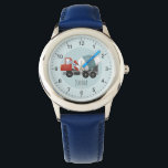 Kogelstenen Kute Blue Construction Concrete Mixer  Horloge<br><div class="desc">Deze schattige en moderne kinderen zien een blauwe en rode betonmixer en een plek waar je de naam van je zoon kunt toevoegen. Ideaal voor elke kleine die droomt van een bouwer. Met duidelijke cijfers is dit geweldig voor een eerste horloge van een kind.</div>