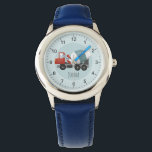 Kogelstenen Kute Blue Construction Concrete Mixer  Horloge<br><div class="desc">Deze schattige en moderne kinderen zien een blauwe en rode betonmixer en een plek waar je de naam van je zoon kunt toevoegen. Ideaal voor elke kleine die droomt van een bouwer. Met duidelijke cijfers is dit geweldig voor een eerste horloge van een kind.</div>