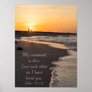 Kogelstrand bij zonsopgang John 15 12 Poster
