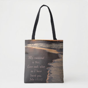 Kogelstrand bij zonsopgang John 15 12 Tote Bag