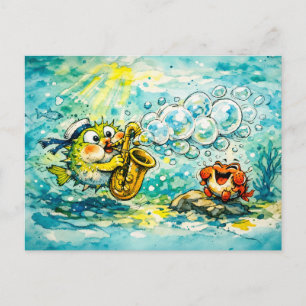 Kogelvis speelt saxofoon cartoon briefkaart