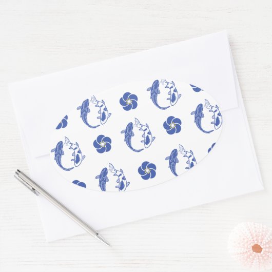 Koi Blossom Crest: Serene Blue Edition Ovale Sticker (Envelop)