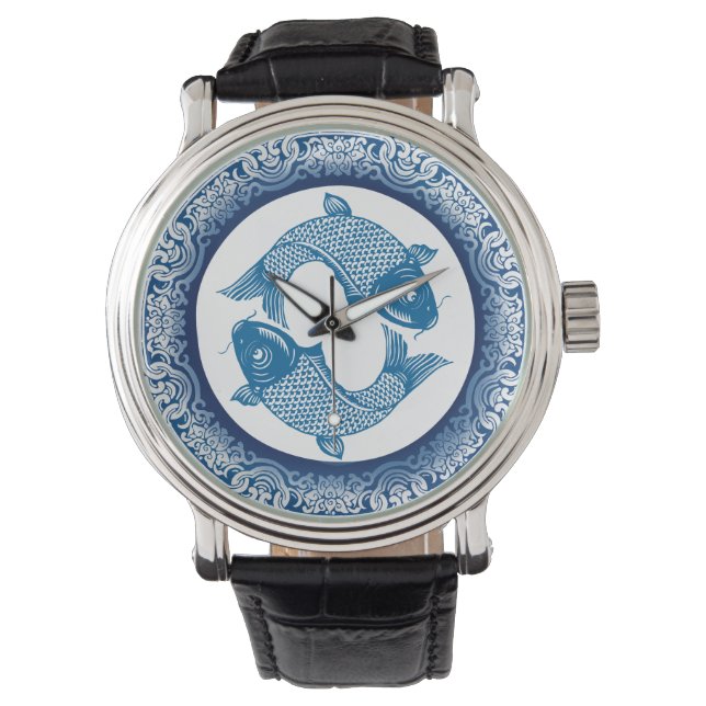 Koi Carp Fish Chinoiserie Blauw Patroon Horloge (Voorkant)