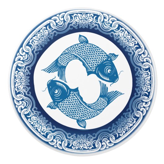 Koi Carp Fish Chinoiserie Blauw Patroon Keramische Knop (Voorkant)