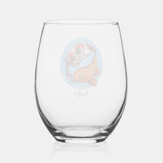 Koi Carp Voeg Jouw naam Twee kleurrijke vis Cartoo Wijnglas Zonder Voet (Achterkant)
